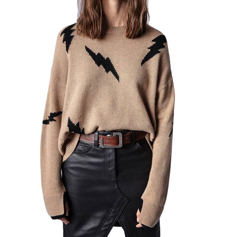 Oem Fashion Oversized Intarsia Light Pattern Wool Cashmere Cotton Crew Neck Sweater For Women